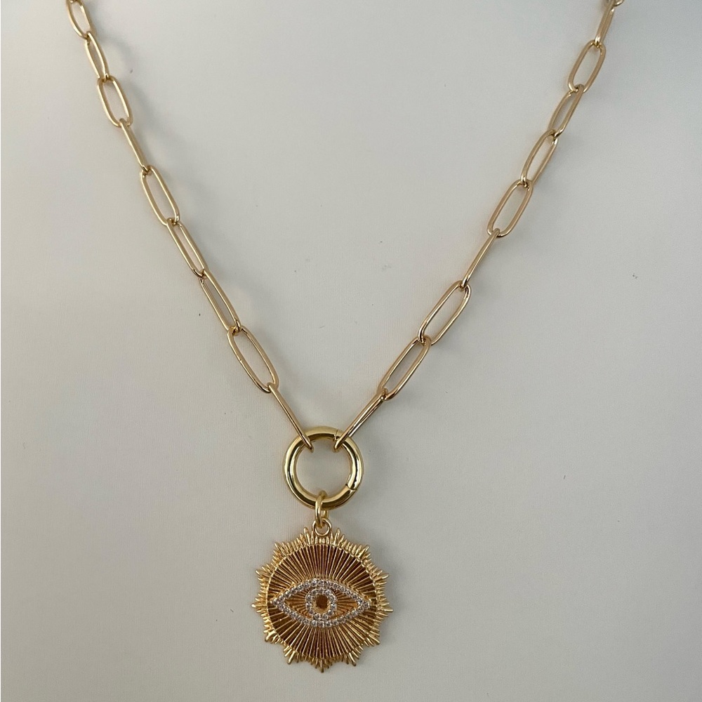 Radial Evil Eye Medallion Chain Charm Holder Layering Necklace